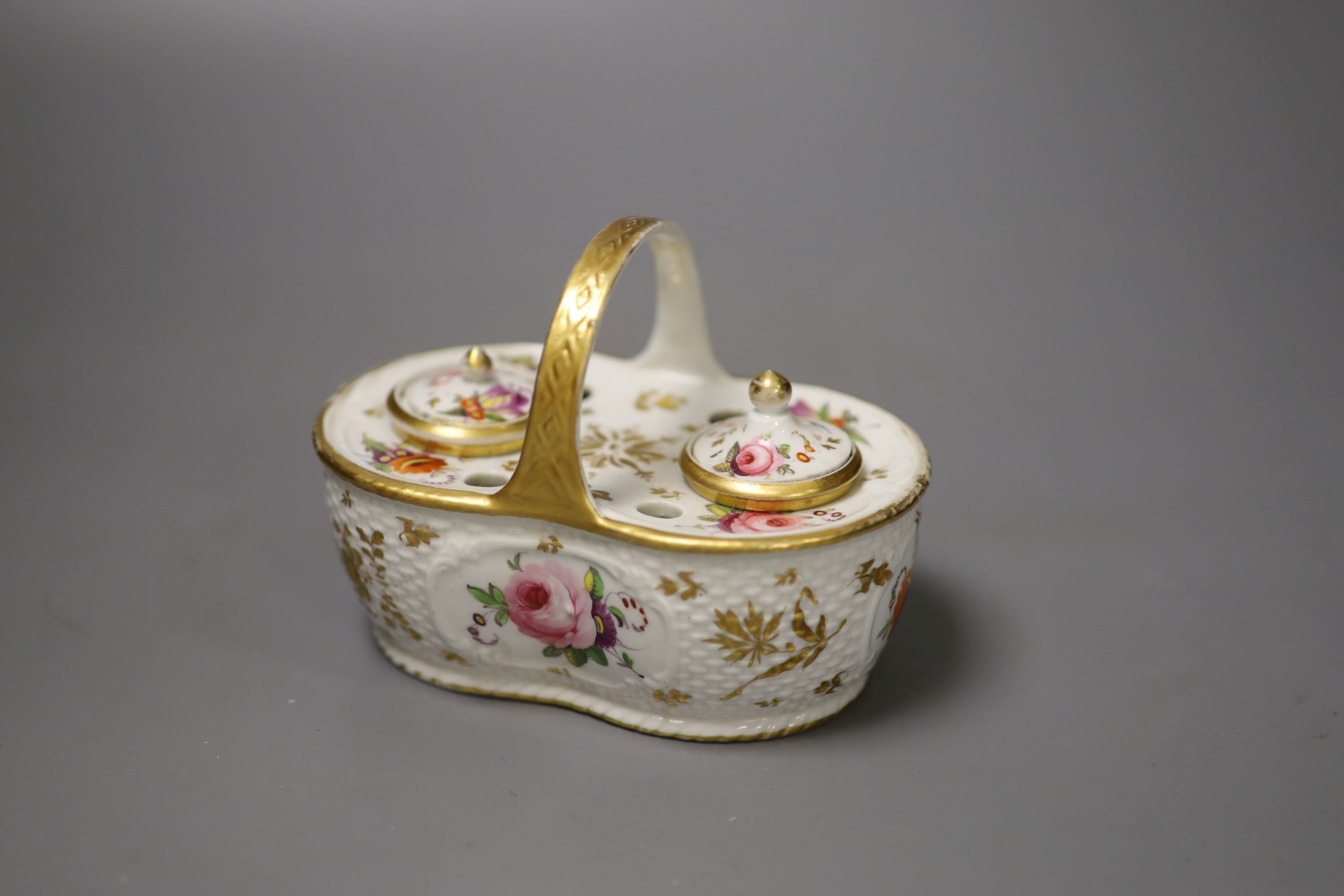 A Spode inkstand in the form of a basket with weave moulding having two ink pots and cover,